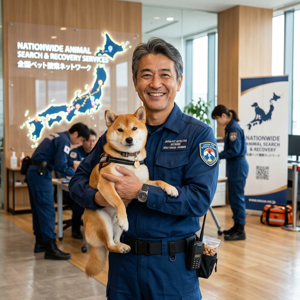 「全国ペット捜索ネットワーク」のロゴを背景に、笑顔で柴犬を抱く紺色のユニフォームを着たプロの男性スタッフ